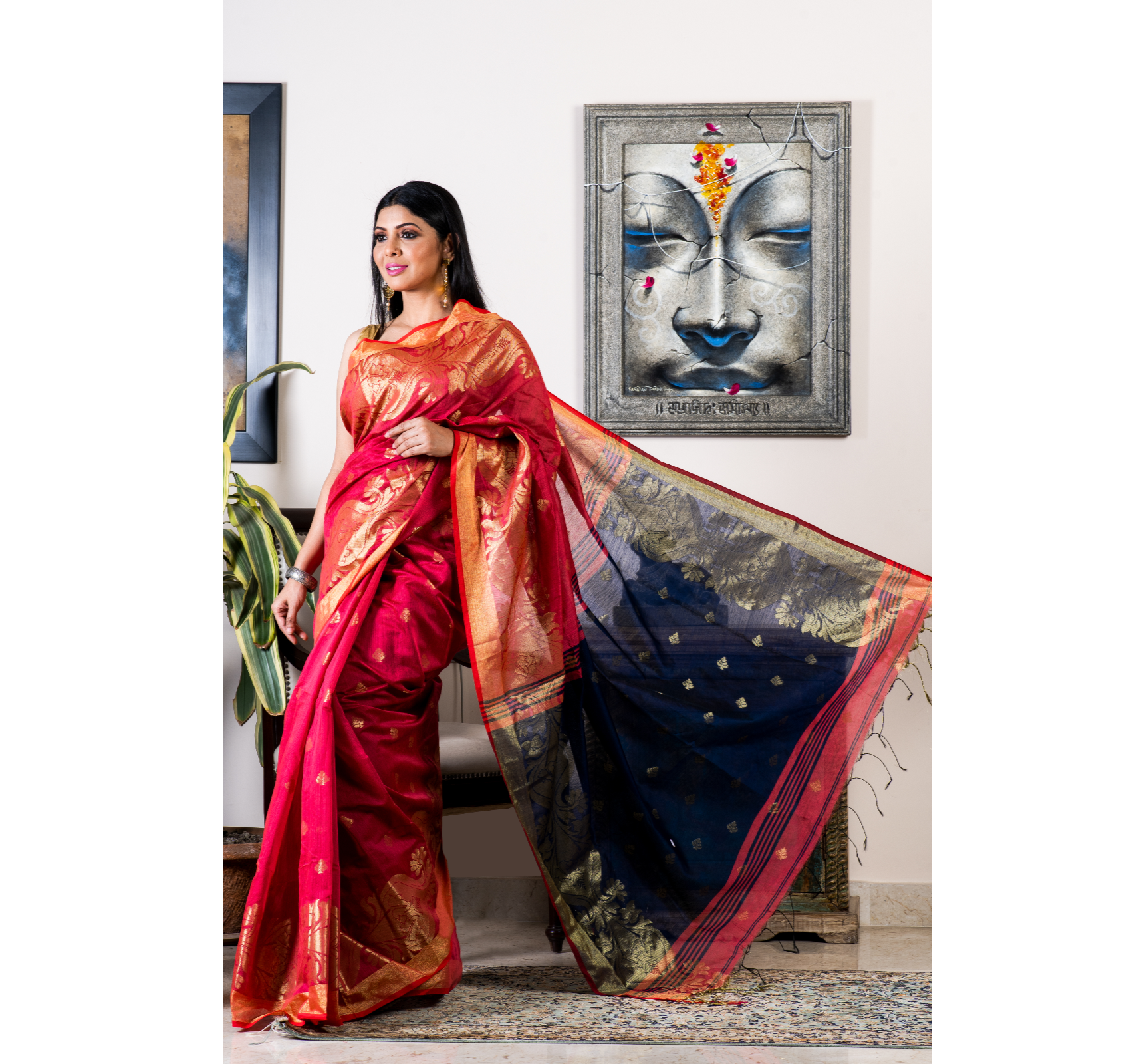 Handloom Saree with Work All Over the Saree - Brick Red and Blue - ArtisanSoul