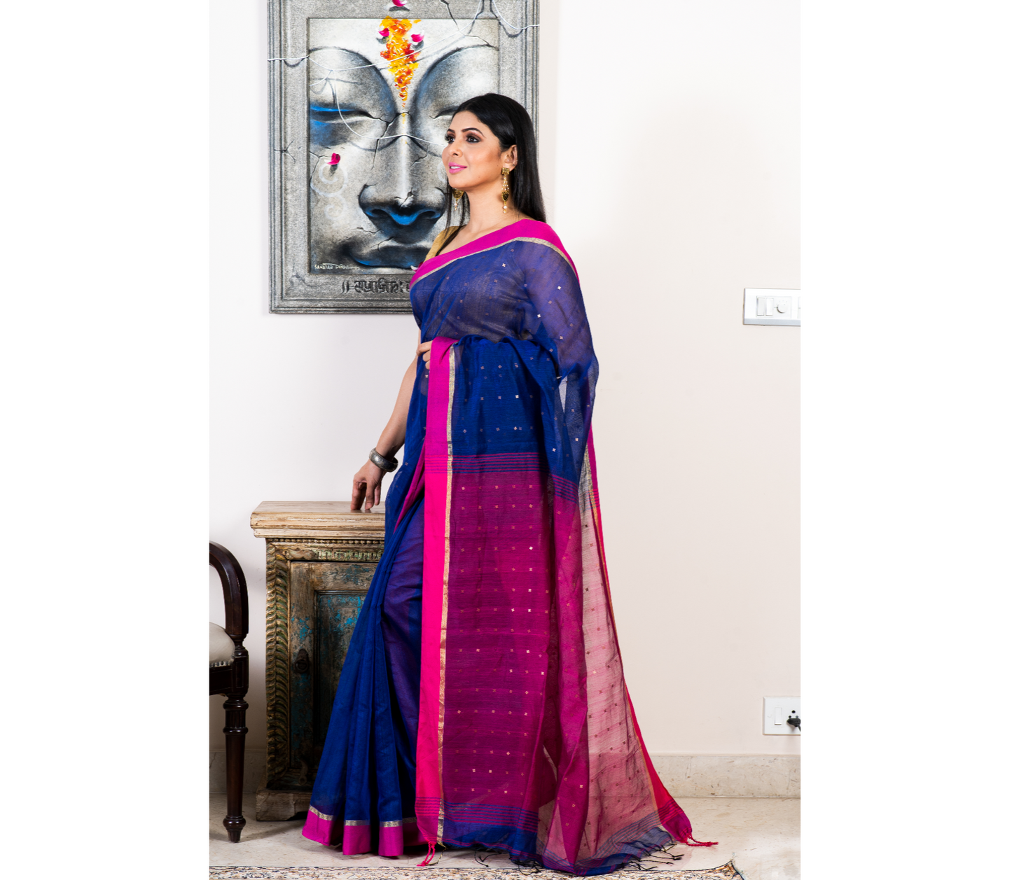 Handloom saree with All Over Chumki Work - Blue and Pink - ArtisanSoul