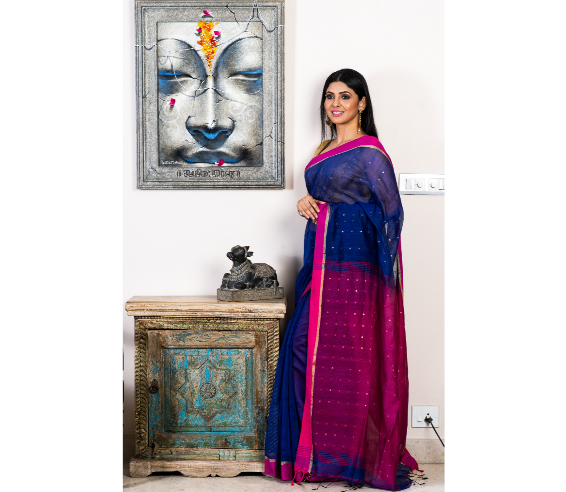 Handloom saree with All Over Chumki Work - Blue and Pink - ArtisanSoul