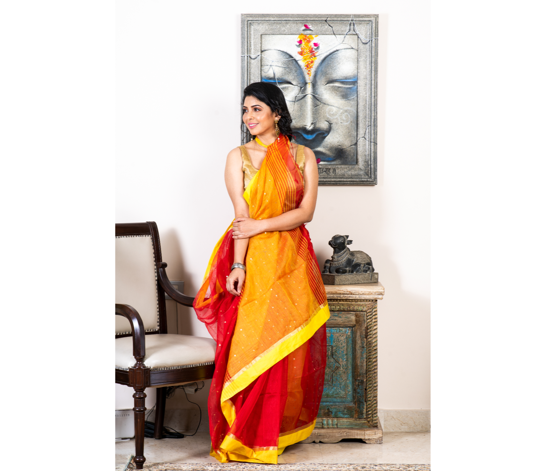 Handloom saree with All Over Chumki Work - Red and Yellow - ArtisanSoul