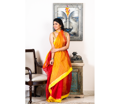 Handloom saree with All Over Chumki Work - Red and Yellow - ArtisanSoul
