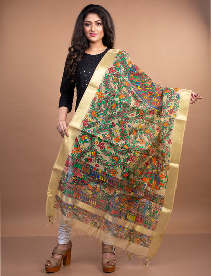 Madhubani Painting Dupatta From Bihar - Beige With Golden Border