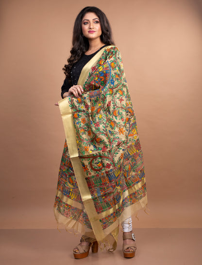 Madhubani Painting Dupatta From Bihar - Beige With Golden Border