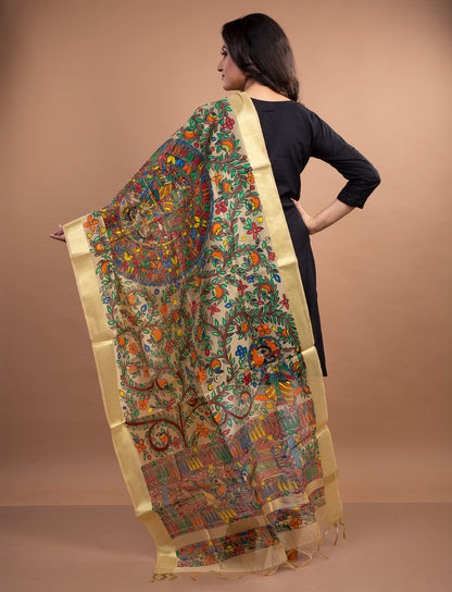 Madhubani Painting Dupatta From Bihar - Beige With Golden Border