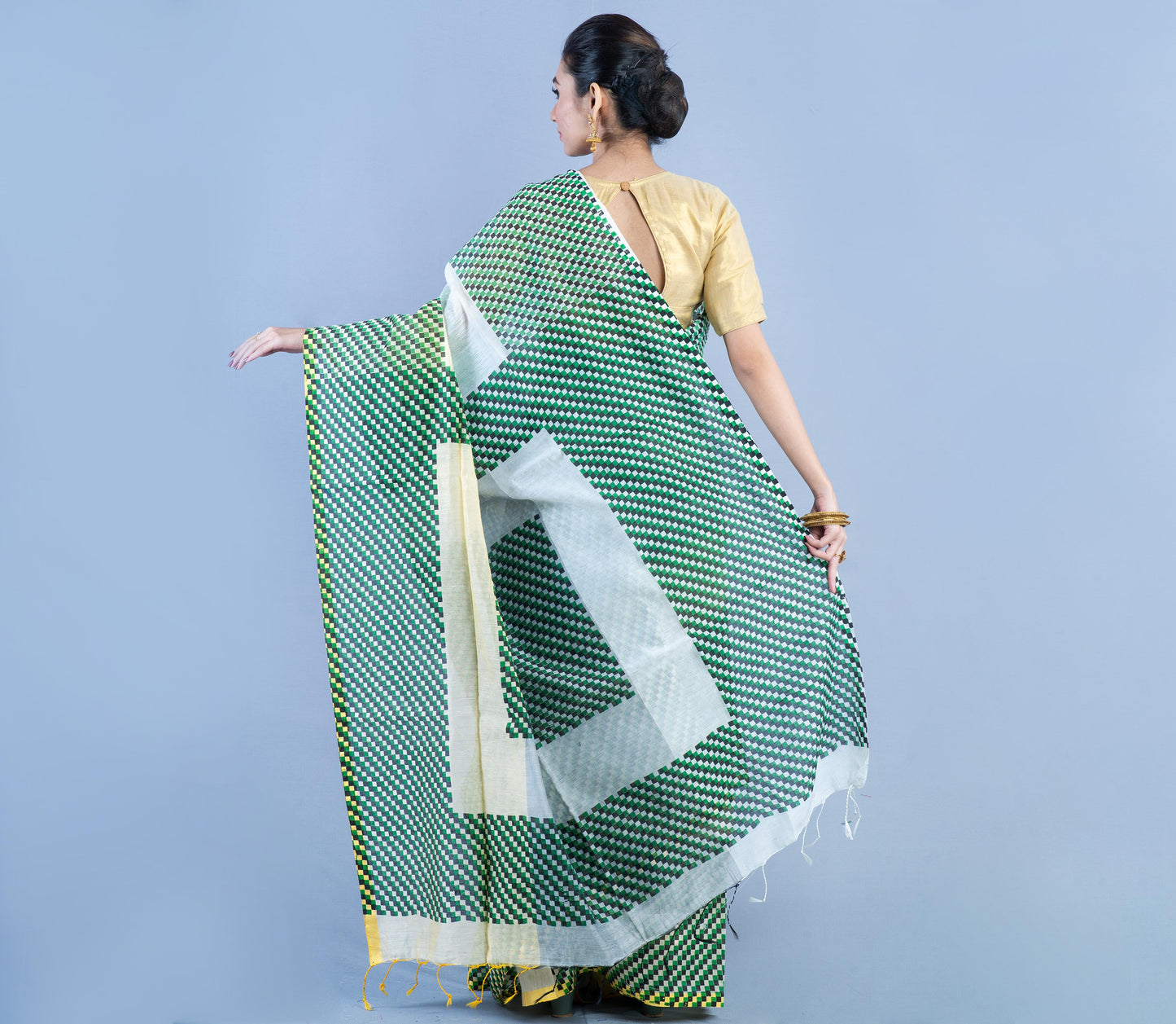 Handloom Cotton Saree - Green & Gray - ArtisanSoul