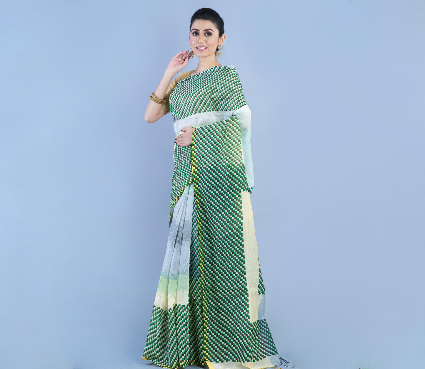 Handloom Cotton Saree - Green & Gray - ArtisanSoul