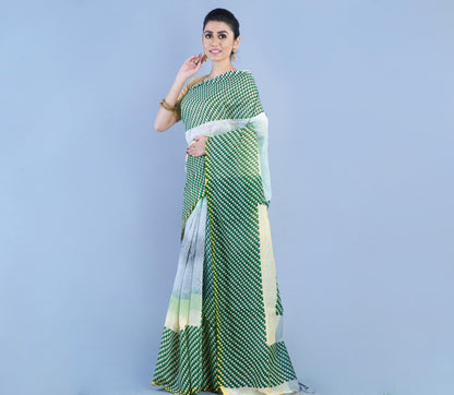 Handloom Cotton Saree - Green & Gray - ArtisanSoul