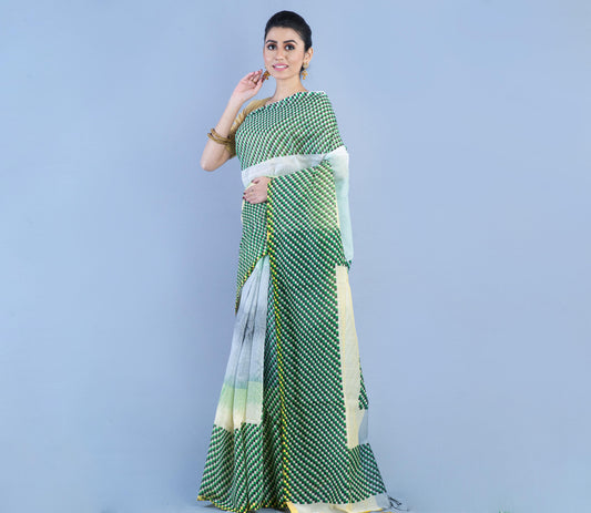 Handloom Cotton Saree - Green & Gray - ArtisanSoul