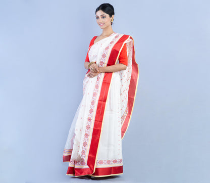Handloom Tant Saree - White with Red Design & Par - ArtisanSoul