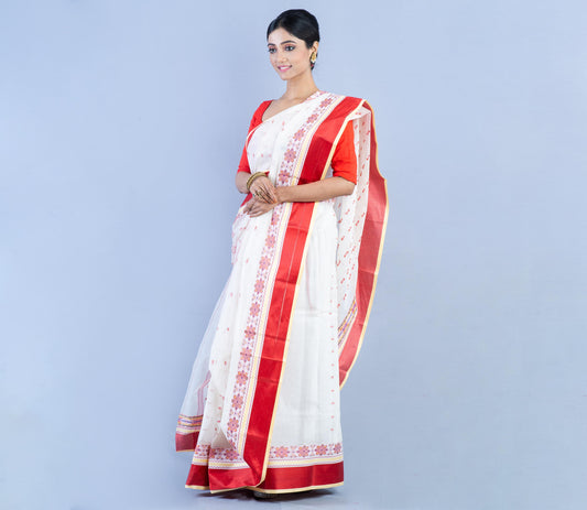 Handloom Tant Saree - White with Red Design & Par - ArtisanSoul