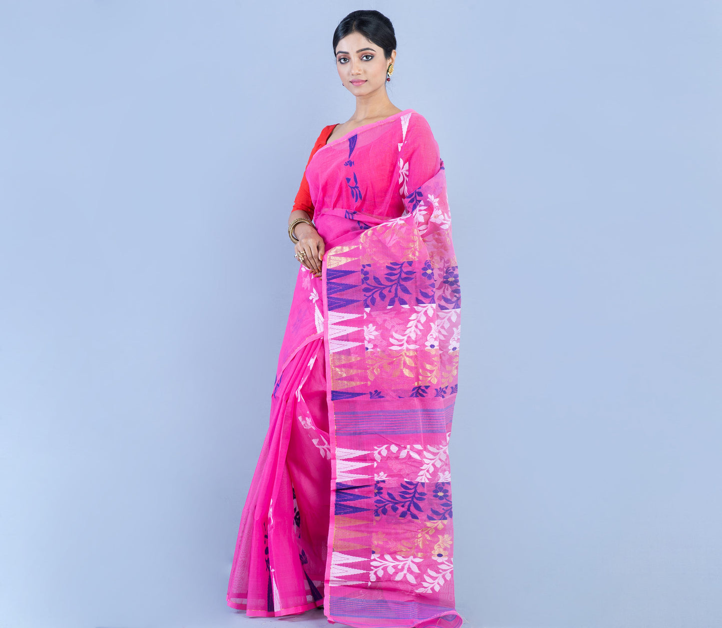 Handloom Jamdani Saree - Blue & Whit Work On Pink - ArtisanSoul