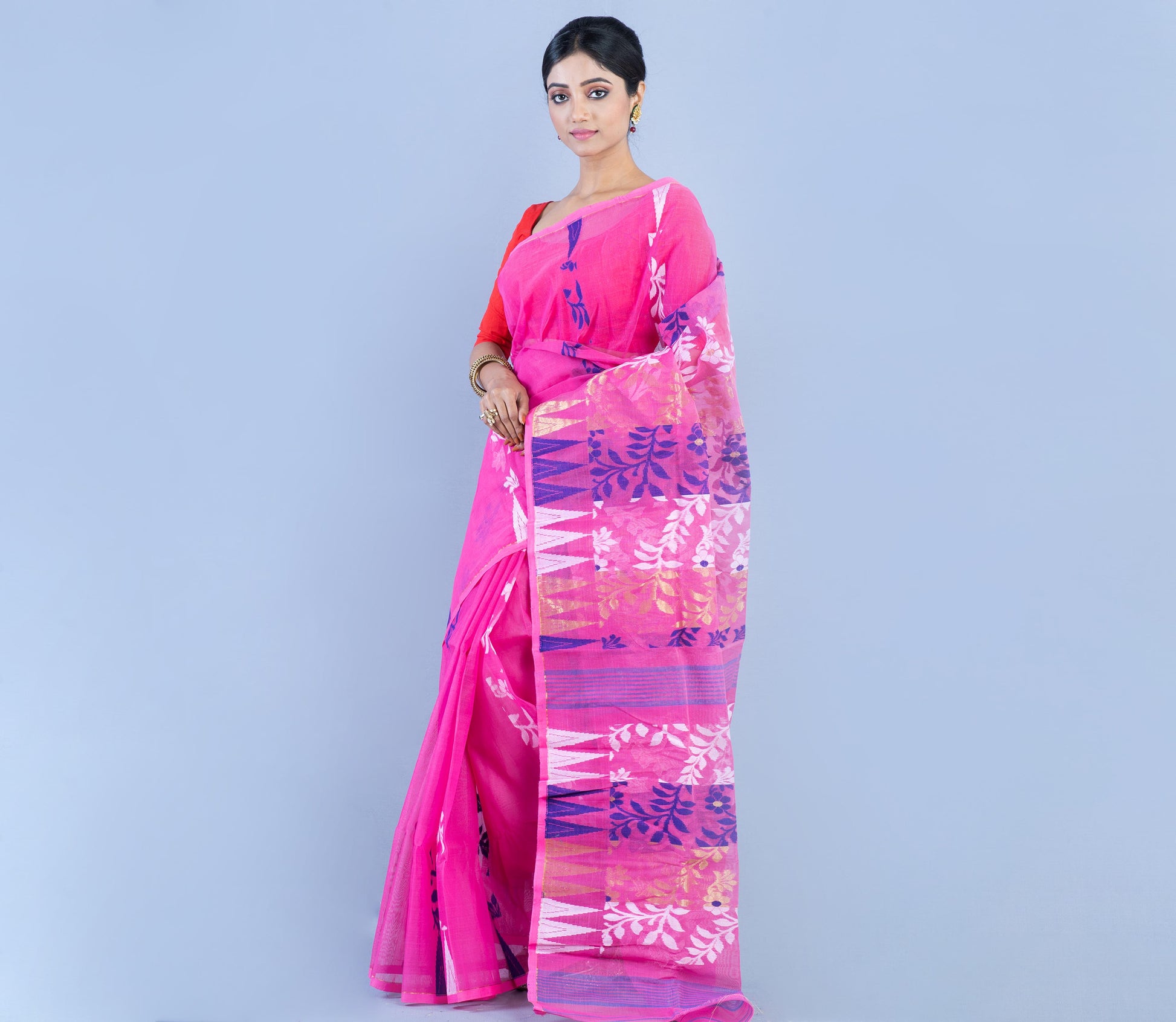 Handloom Jamdani Saree - Blue & Whit Work On Pink - ArtisanSoul