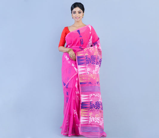 Handloom Jamdani Saree - Blue & Whit Work On Pink - ArtisanSoul