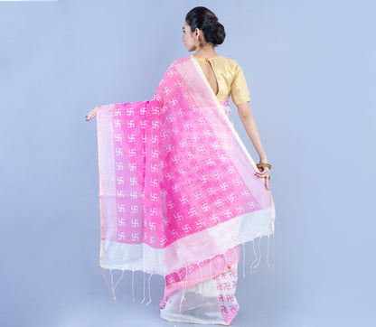 Printed Handloom Saree - White & Pink - ArtisanSoul