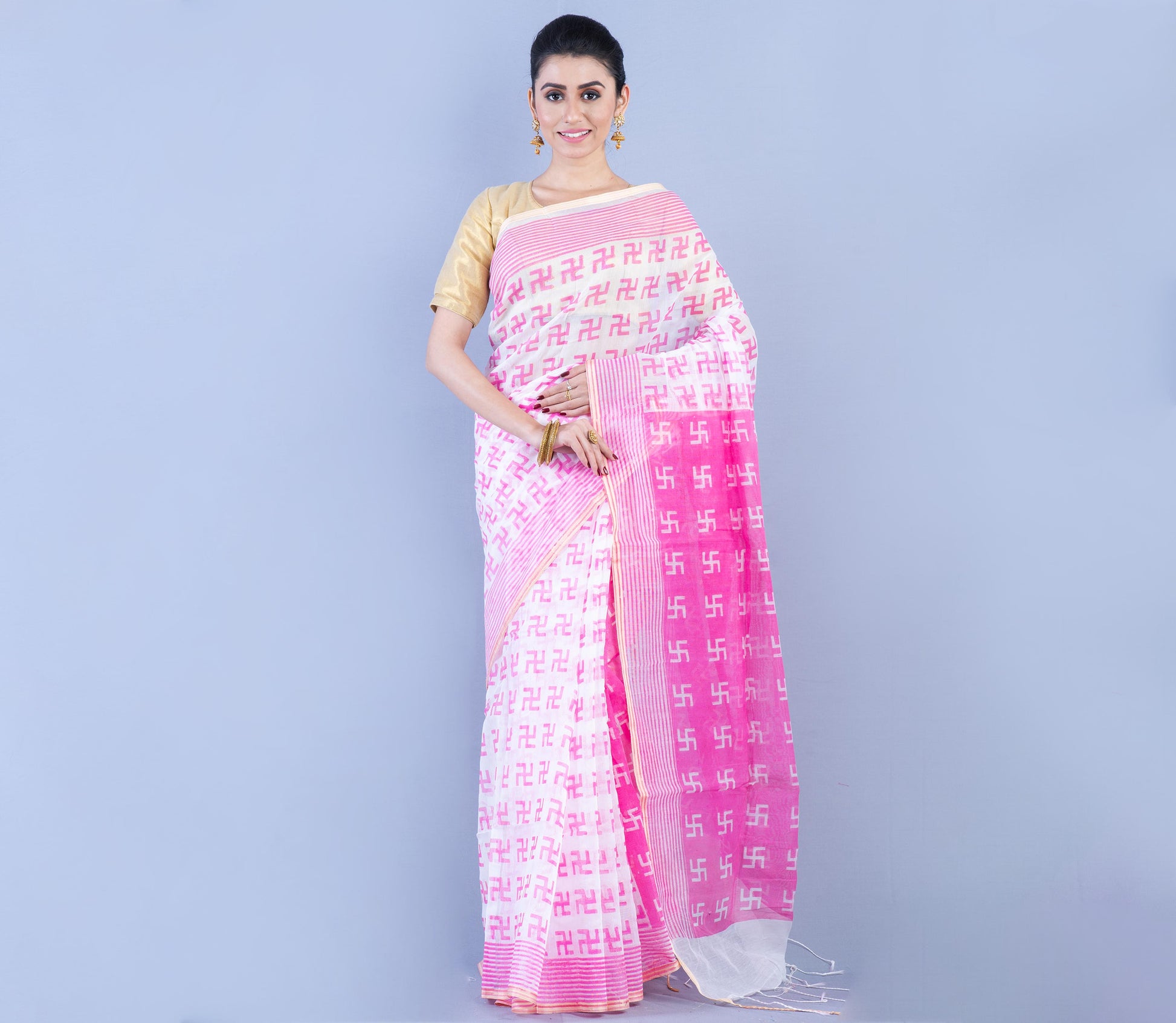 Printed Handloom Saree - White & Pink - ArtisanSoul