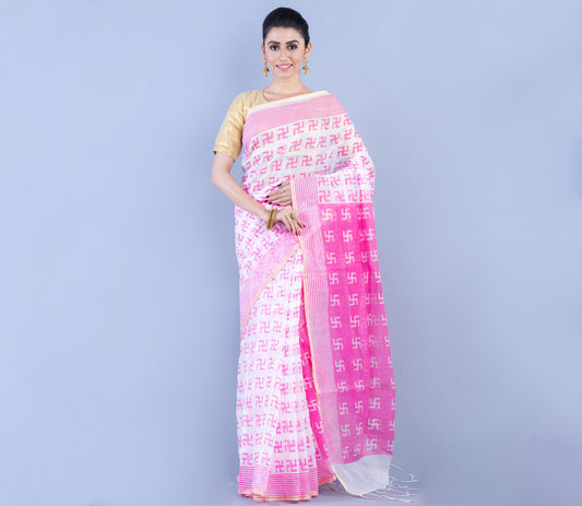 Printed Handloom Saree - White & Pink - ArtisanSoul