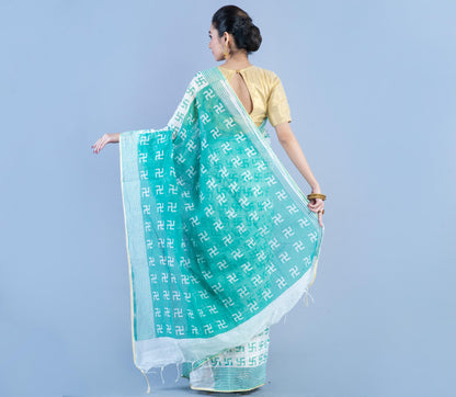 Handloom Printed Saree - Whit & Sky Blue - ArtisanSoul
