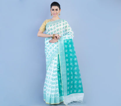 Handloom Printed Saree - Whit & Sky Blue - ArtisanSoul