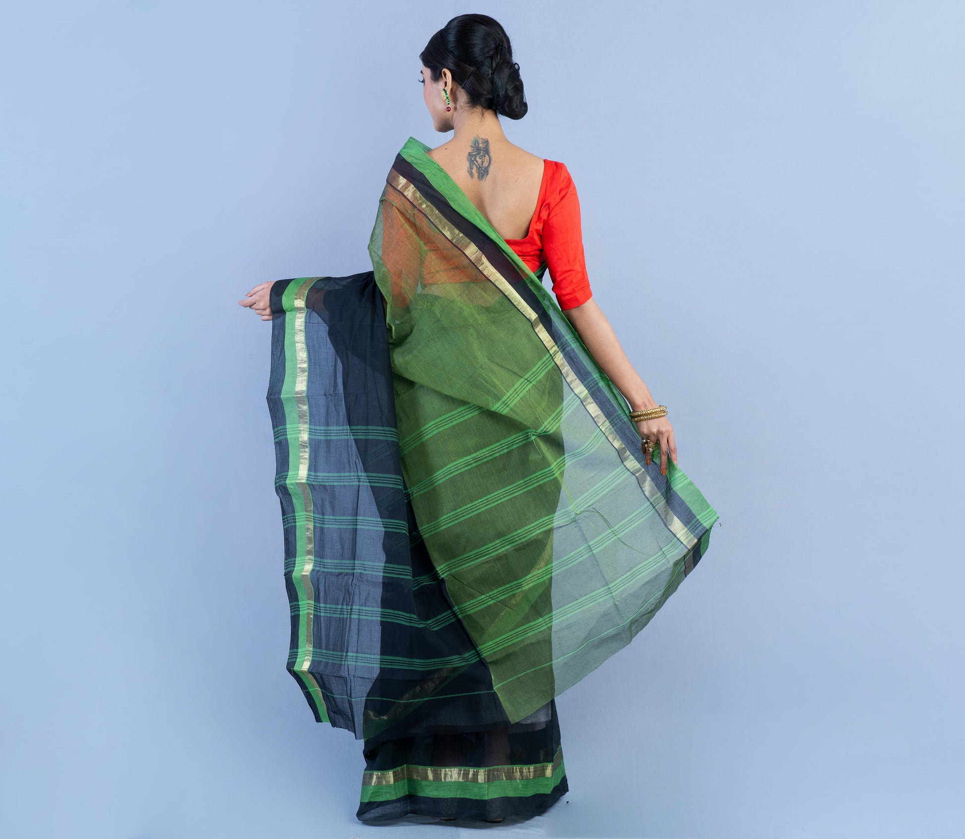 Tant Saree - Black & Olive Green - ArtisanSoul
