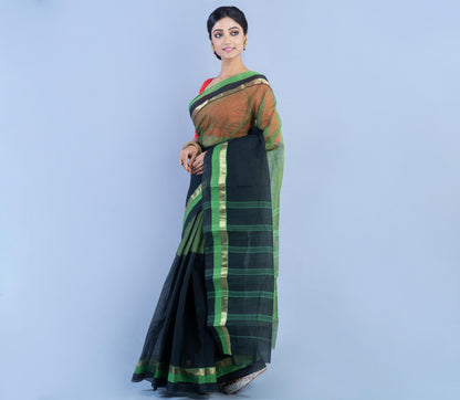 Tant Saree - Black & Olive Green - ArtisanSoul