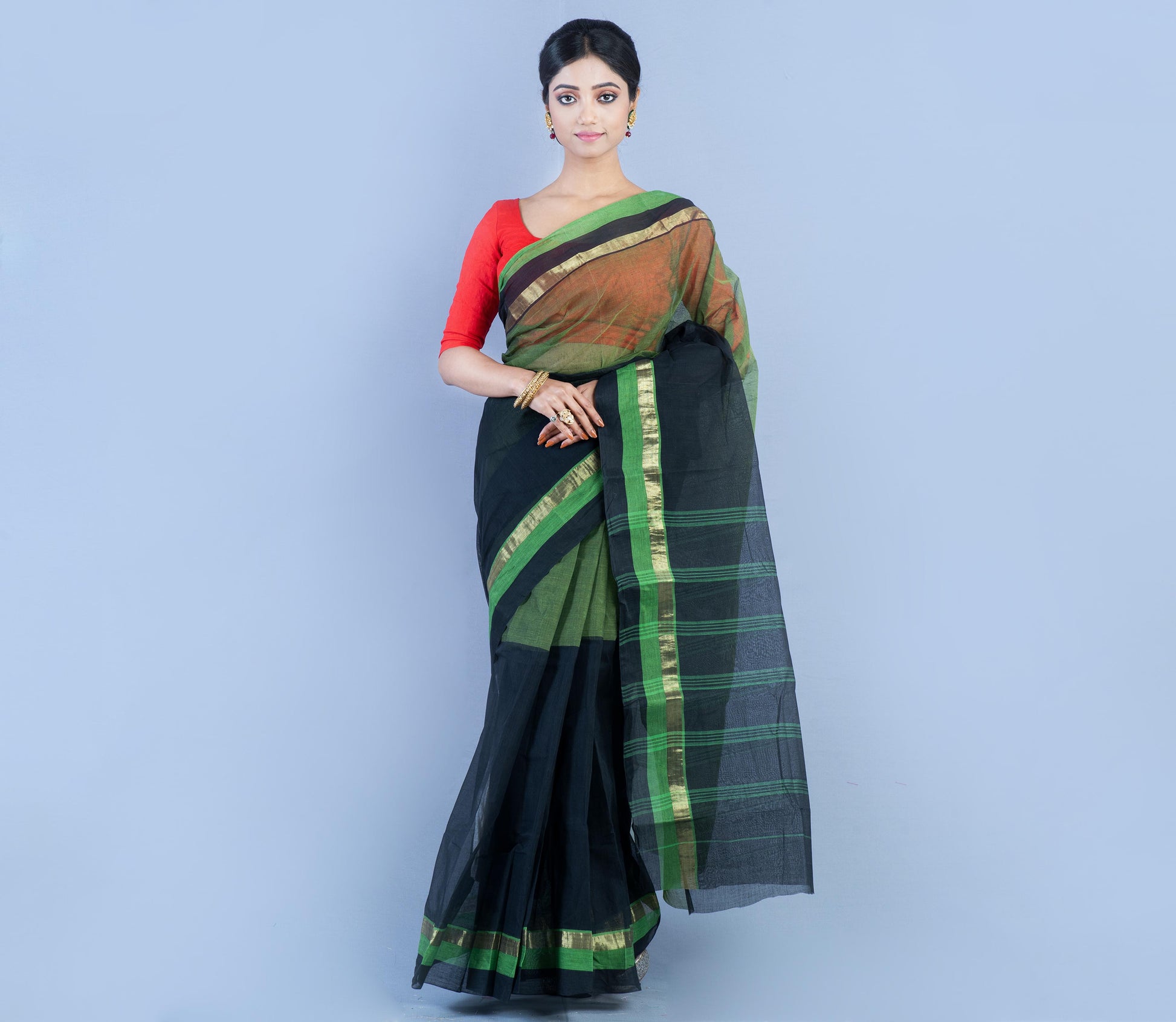 Tant Saree - Black & Olive Green - ArtisanSoul
