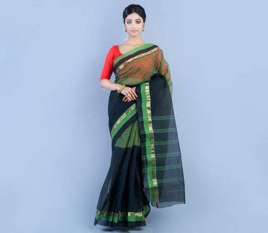 Tant Saree - Black & Olive Green - ArtisanSoul