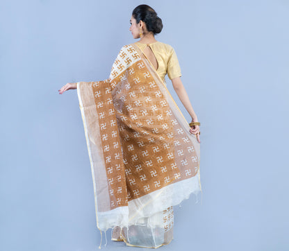 Handloom Printed Saree - White & Golden - ArtisanSoul