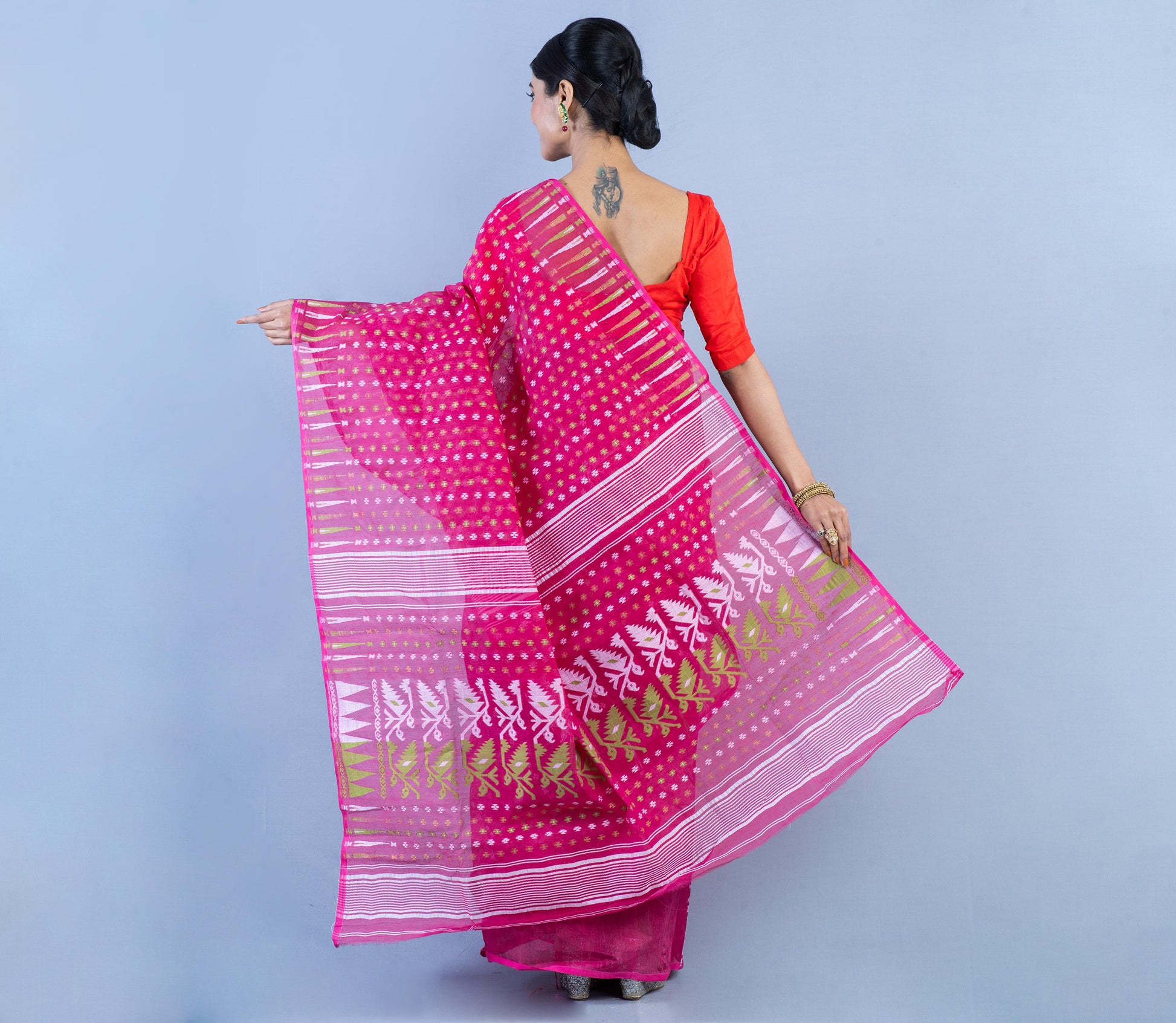 Handloom Jamdani Saree with all body Work - Dark Pink - ArtisanSoul
