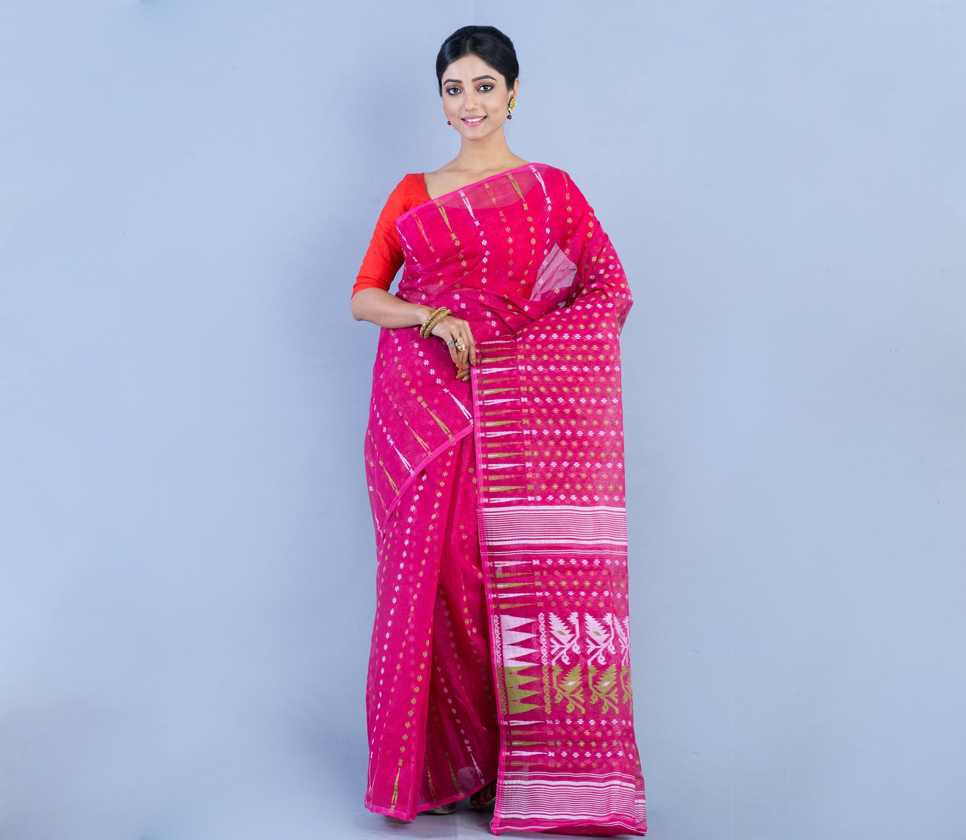 Handloom Jamdani Saree with all body Work - Dark Pink - ArtisanSoul