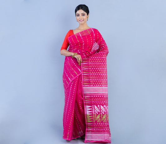 Handloom Jamdani Saree with all body Work - Dark Pink - ArtisanSoul