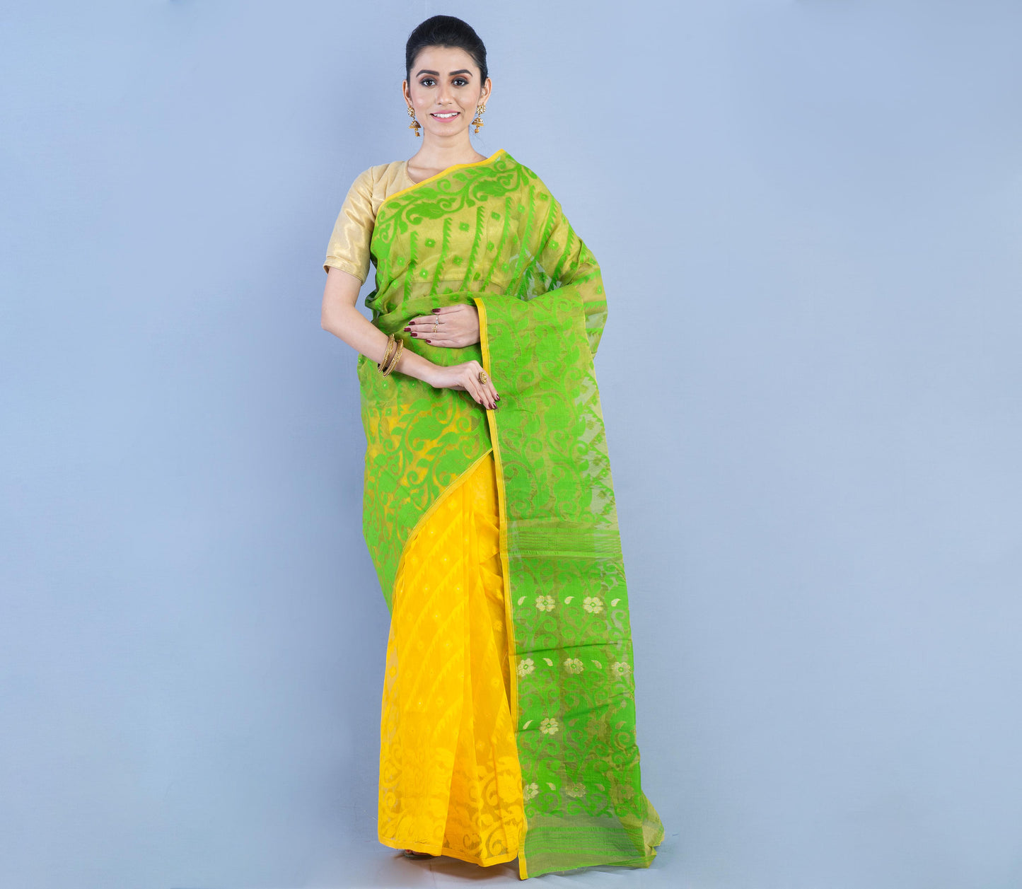 Handloom Jamdani Saree with all body Work - Yellow & Green - ArtisanSoul