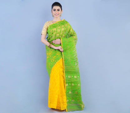 Handloom Jamdani Saree with all body Work - Yellow & Green - ArtisanSoul