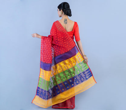 Handloom Jamdani Saree - Blue & Yellow on Red - ArtisanSoul