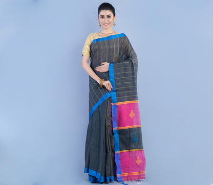 Handloom Cotton Silk Saree - Dark Gray With Pink Anchal - ArtisanSoul
