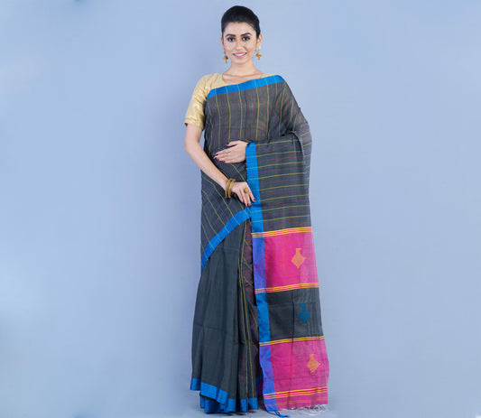 Handloom Cotton Silk Saree - Dark Gray With Pink Anchal - ArtisanSoul