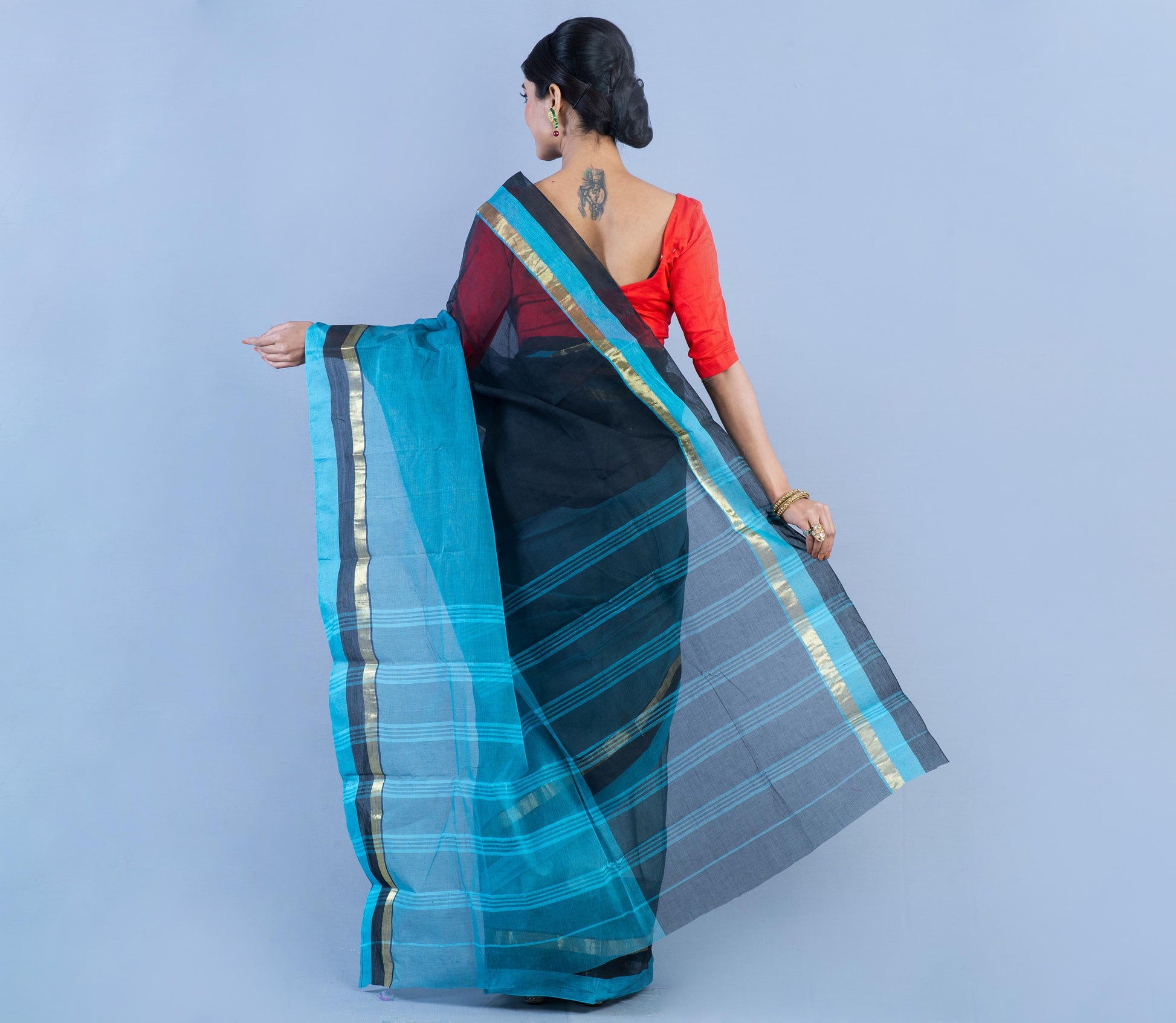Tant Saree - Blue and Black - ArtisanSoul