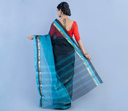 Tant Saree - Blue and Black - ArtisanSoul