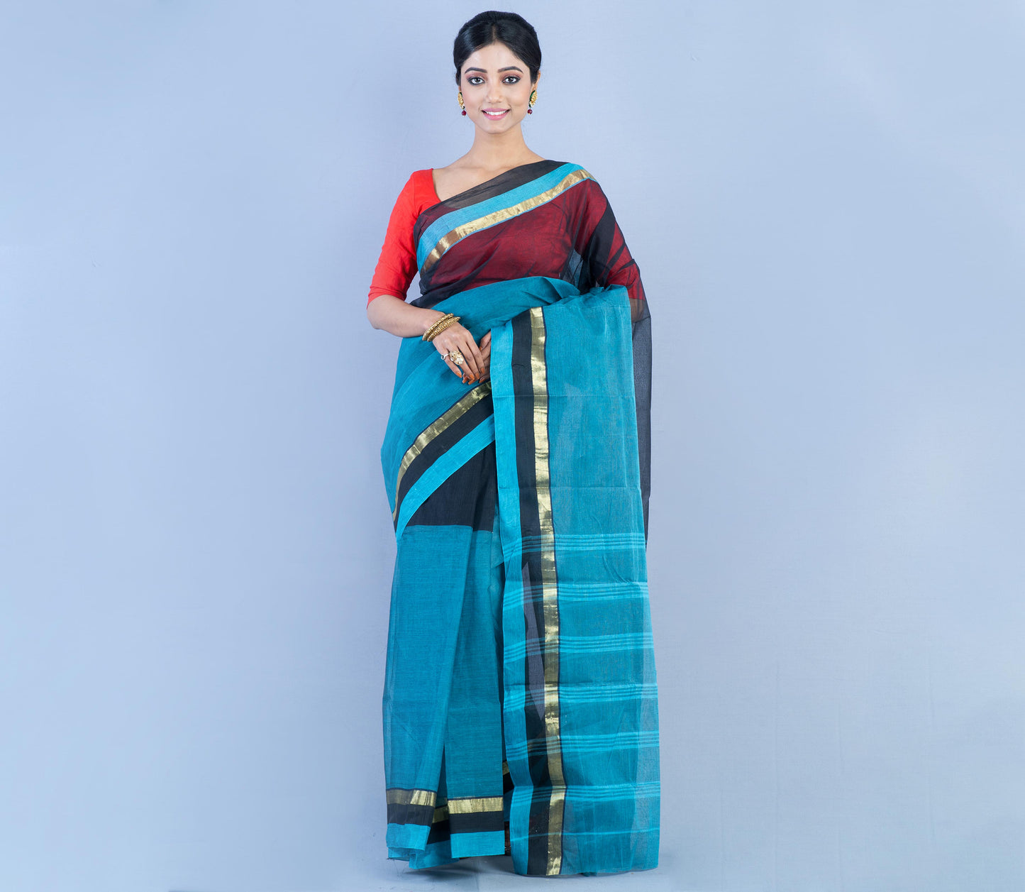 Tant Saree - Blue and Black - ArtisanSoul