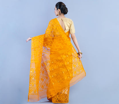 Handloom Jamdani Saree with all body Work - Chrome Yellow - ArtisanSoul