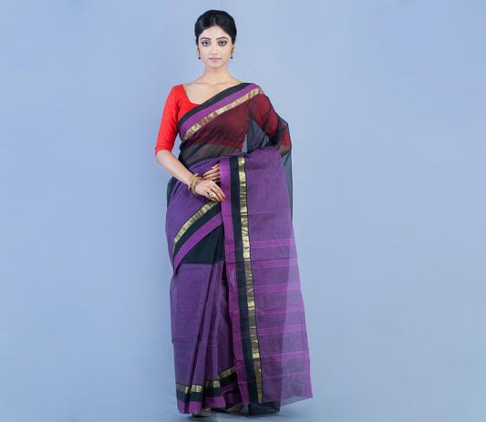 Tant Saree - Black & Violet - ArtisanSoul