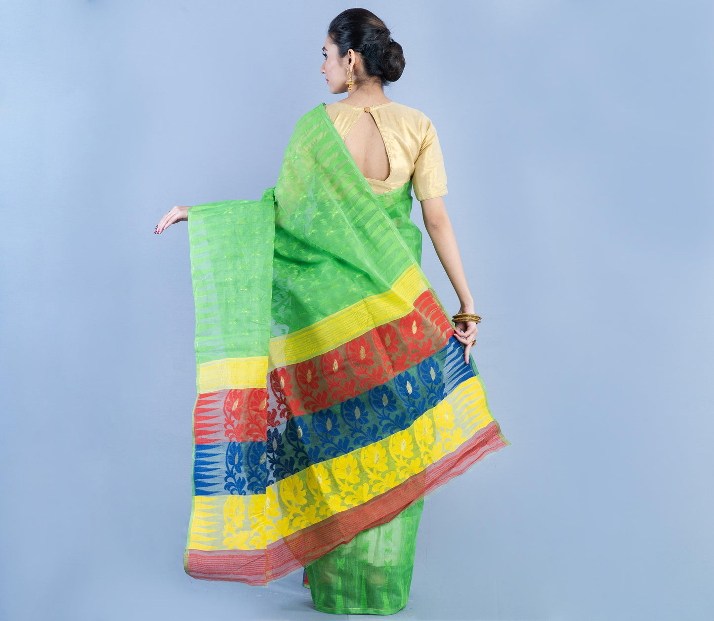 Handloom Jamdani Saree - Yellow & Red on Green - ArtisanSoul