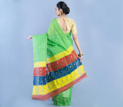 Handloom Jamdani Saree - Yellow & Red on Green - ArtisanSoul