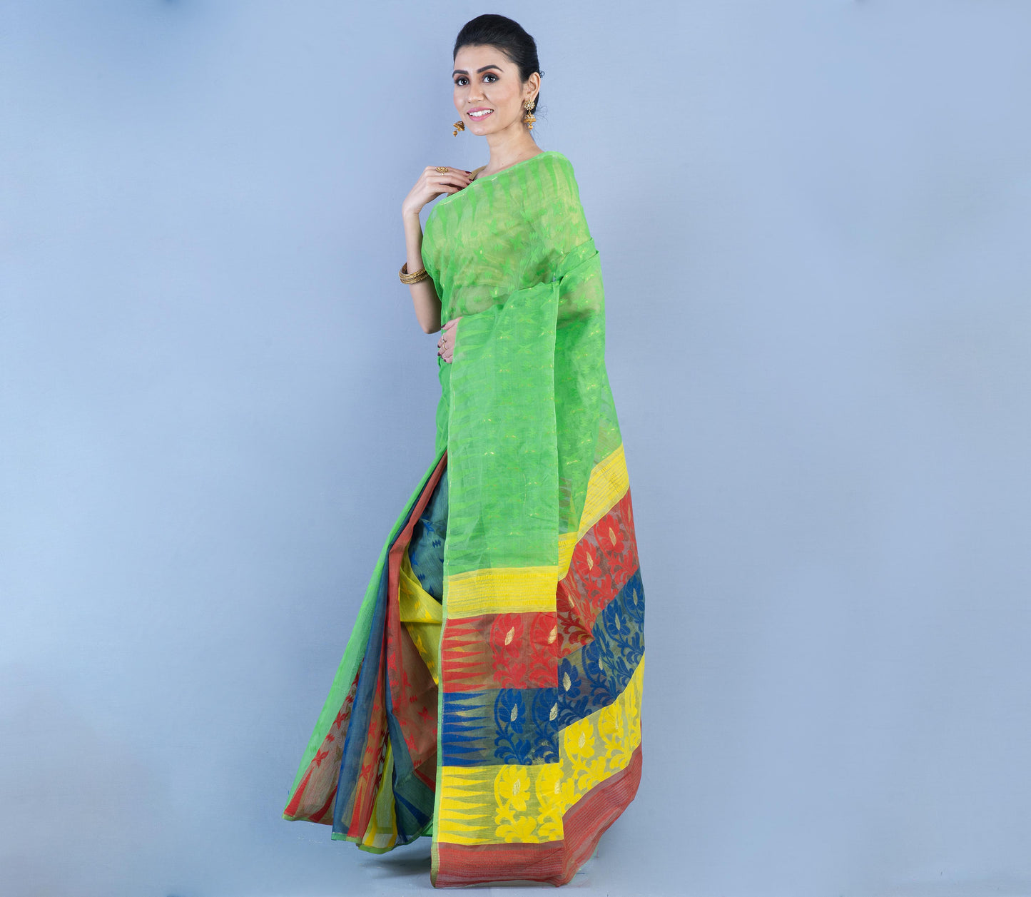 Handloom Jamdani Saree - Yellow & Red on Green - ArtisanSoul