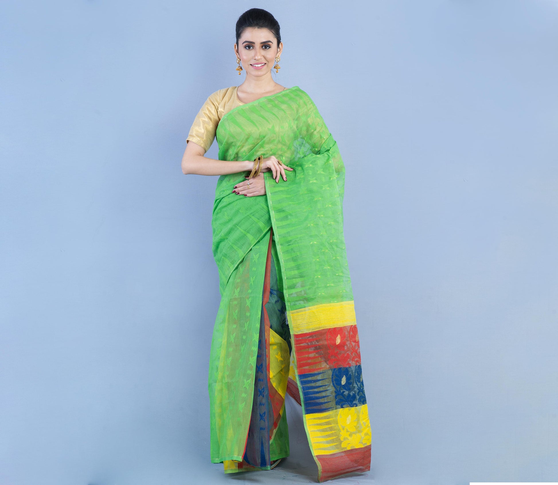 Handloom Jamdani Saree - Yellow & Red on Green - ArtisanSoul