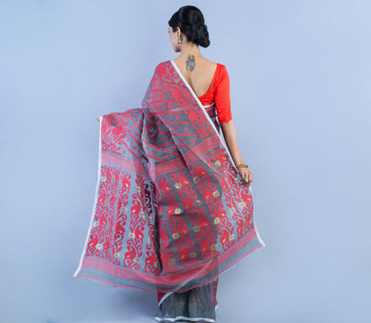Handloom Jamdani Saree with all body Work - Red on Grey - ArtisanSoul