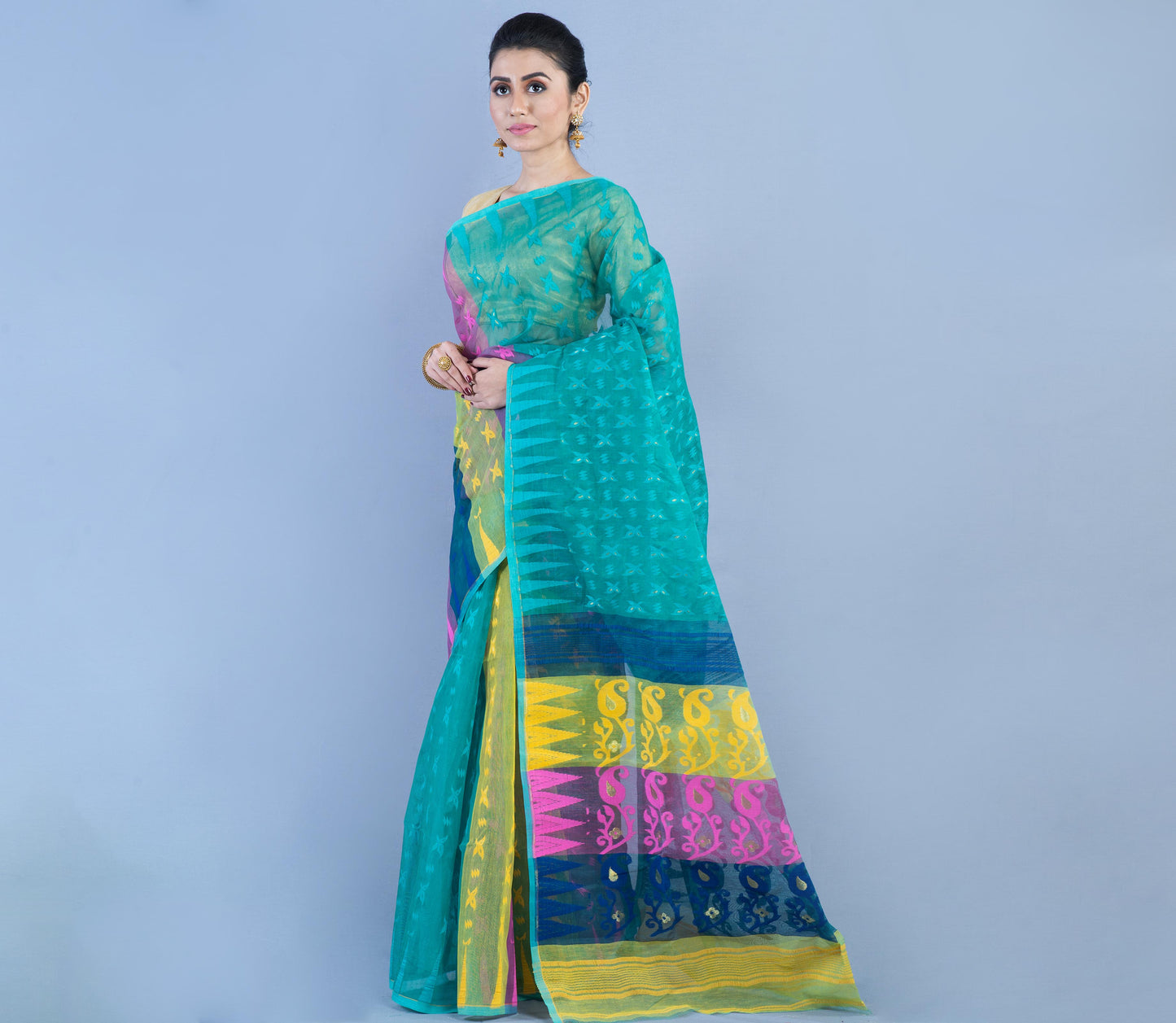 Handloom Jamdani Saree - Blue & Pink on Cyan Blue - ArtisanSoul