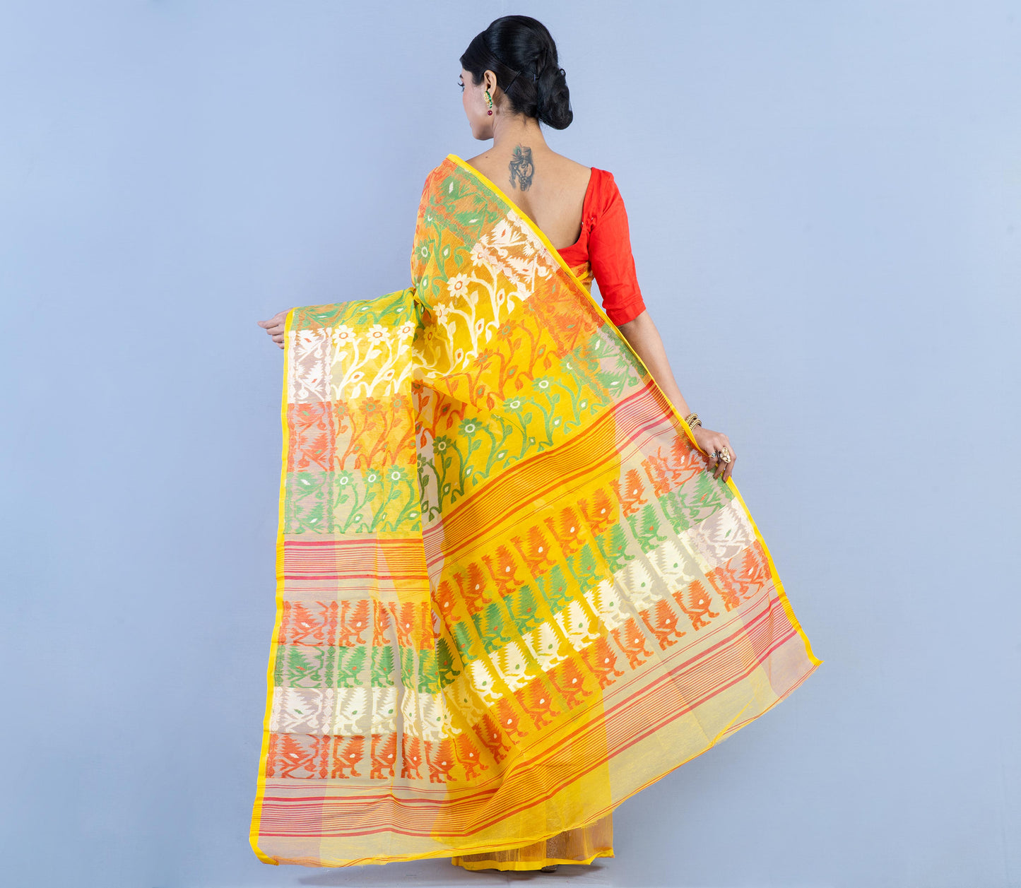 Handloom Jamdani Saree- Red & white on Yellow - ArtisanSoul