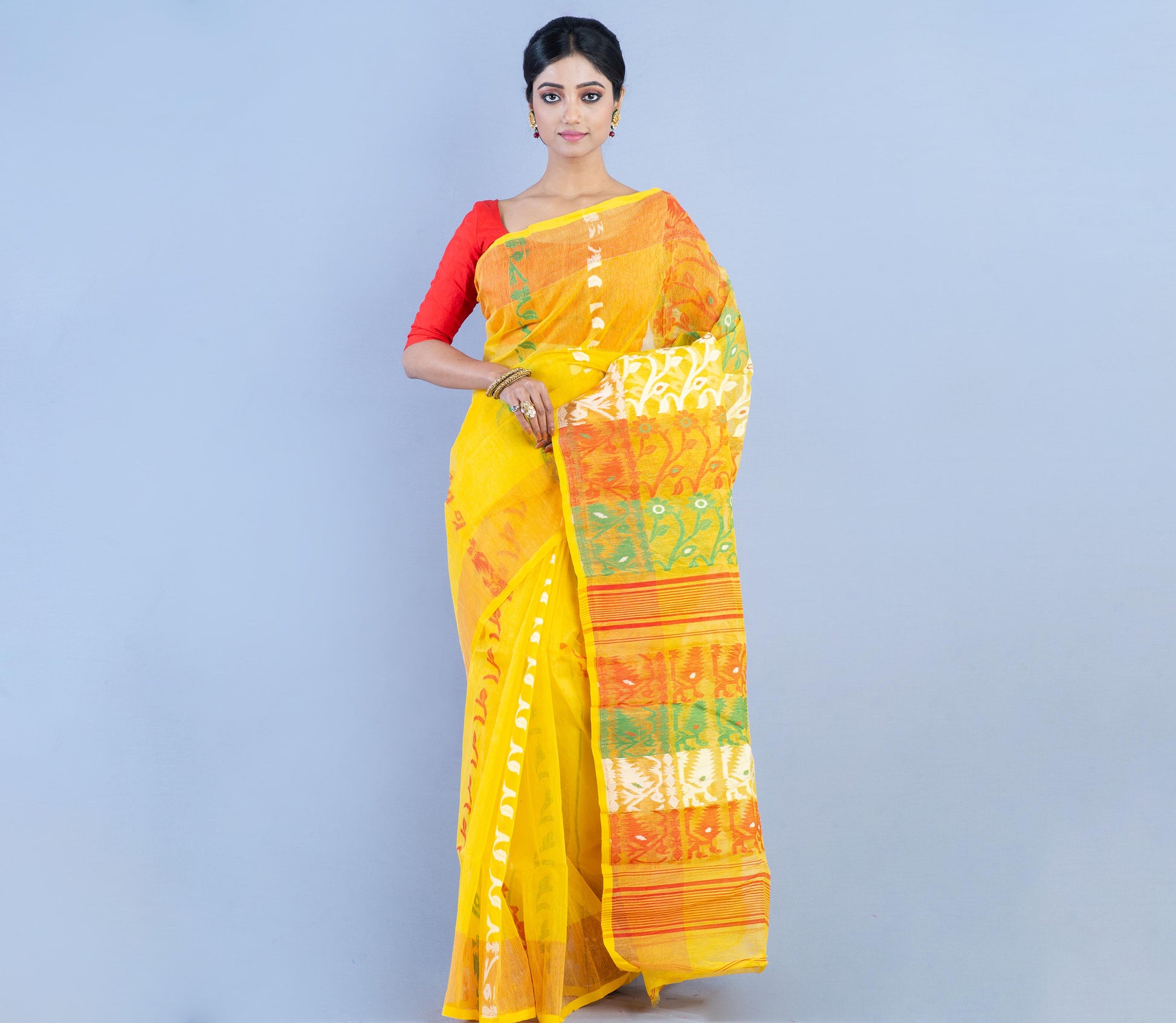Handloom Jamdani Saree- Red & white on Yellow - ArtisanSoul