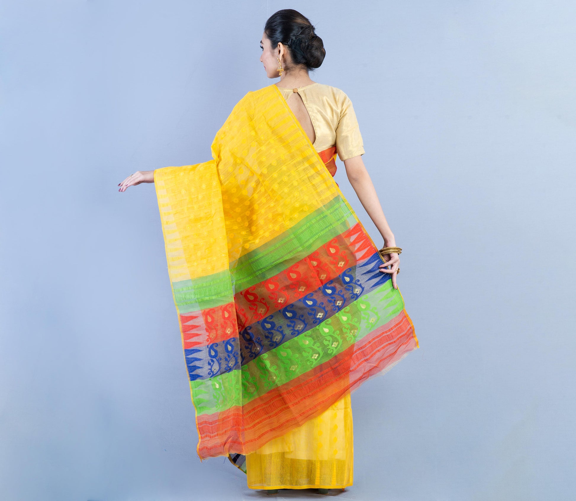 Handloom Jamdani Saree - Red & Green on Yellow - ArtisanSoul