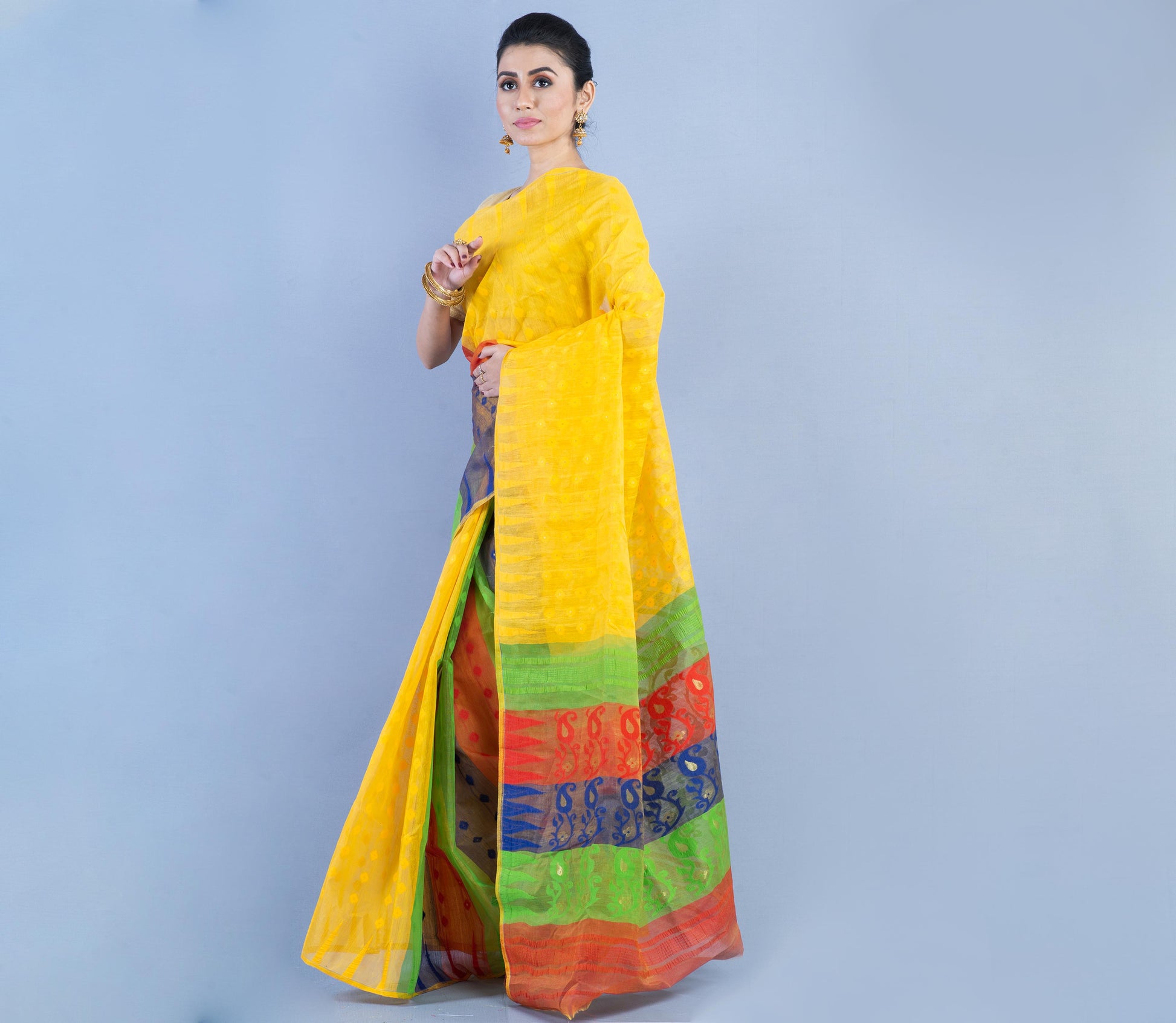 Handloom Jamdani Saree - Red & Green on Yellow - ArtisanSoul